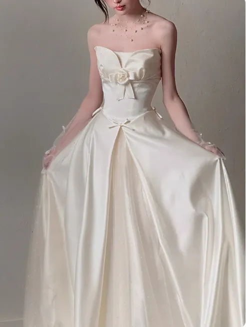 Elegant Strapless A-Line Long Luxury Wedding Dresses Tulle Satin Simple Bridal Dresses HZ1121
