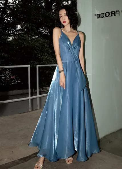 Elegant V-neck A-Line Satin Long Prom Dresses Gray Blue Formal Evening Dresses HZ1121