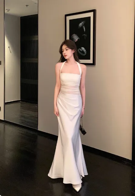 Elegant Halter Mermaid Satin Long Prom Dresses White Formal Evening Dresses HZ1121