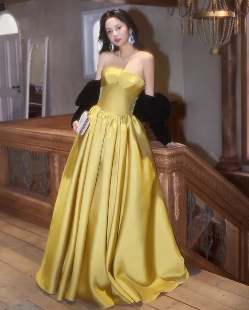 Elegant Strapless Ball Gown Satin Long Prom Dresses Yellow Formal Evening Dresses HZ1121
