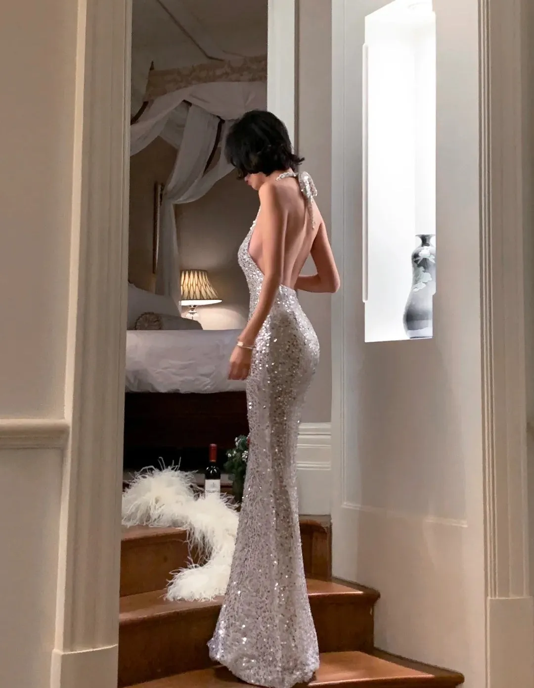 Silver Mermaid Long Formal Dresses,Sexy Backless Evening Dresses, Guest Dresses With Sequins HZ1121