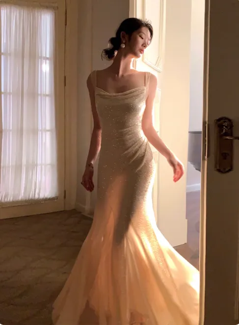 Sparkly Mermaid Evening Dresses, Chiffon Sleeveless Formal Dresses Wedding Guest Dresses HZ1121