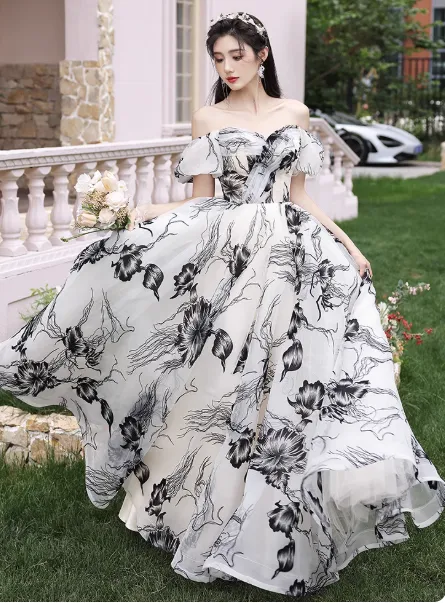 Elegant Off-the-shoulder Evening Dresses, Floral Chiffon Formal Dresses, A-Line Birthday Dresses HZ1121