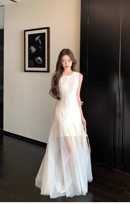 Elegant Jewel Sheath Evening Dresses, White Tulle Birthday Dresses HZ1121