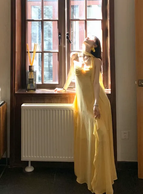 Elegant Sheath Evening Dresses, Spaghetti Strap Chiffon Yellow Guest Dress HZ1121