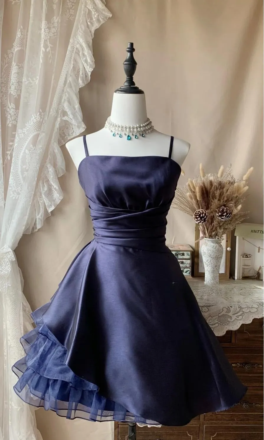 Cute A-Line Short Prom Dresses Spaghetti Straps Satin Birthday Dresses, Navy Blue Homecoming Dresses HZ1121