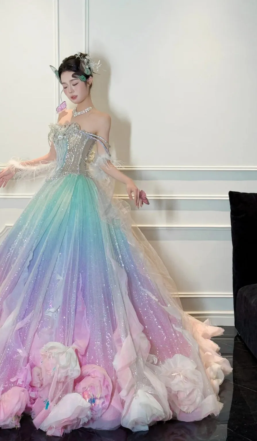 Gorgeous Off-the-shoulder A-line Tulle Beaded Long Prom Dresses, Formal Evening Dresses in Colorful HZ1121