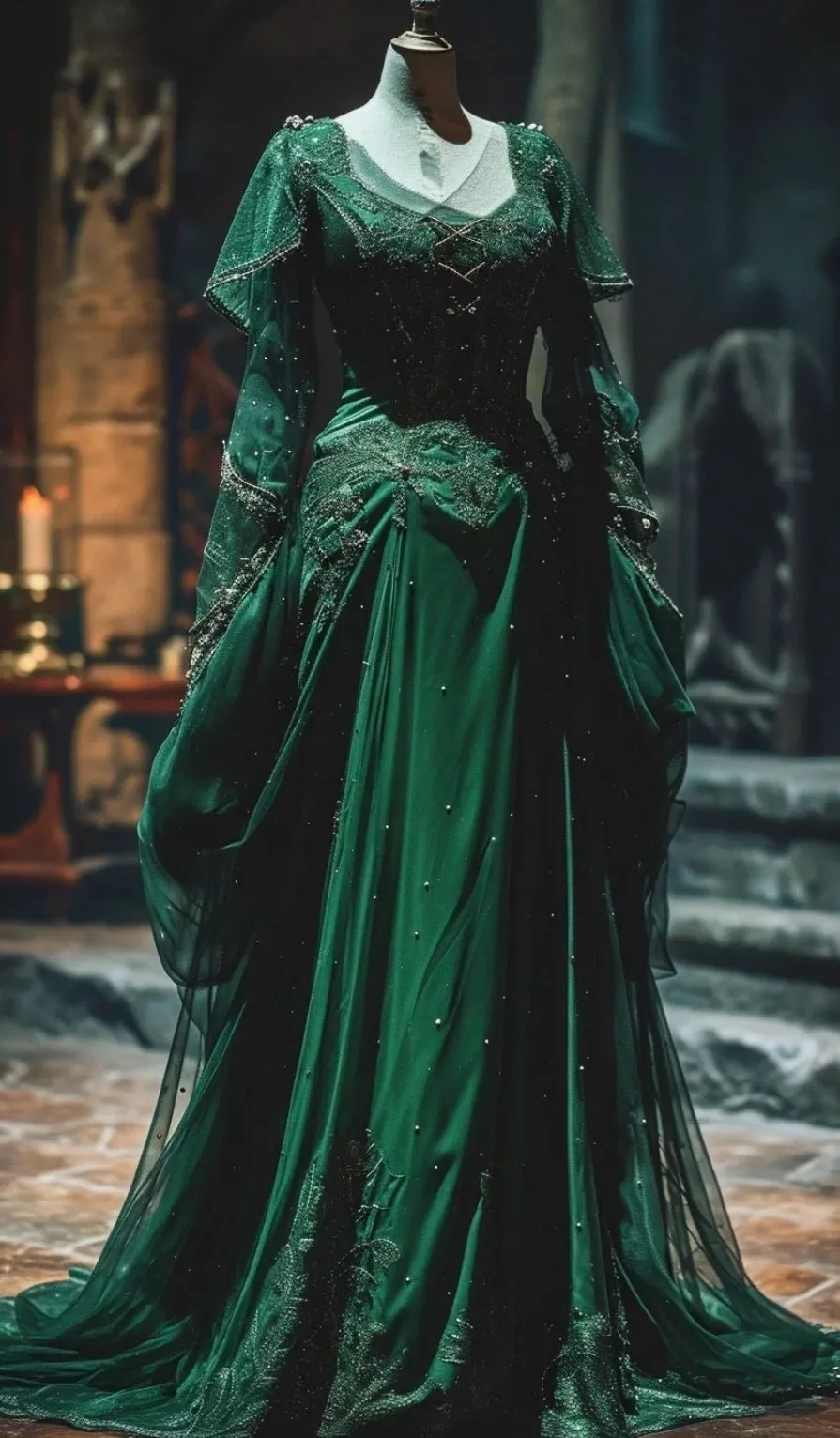 Vintage Sheath Chiffon Beaded Long Prom Dresses Green Satin Palace Style Formal Evening Dresses HZ1121