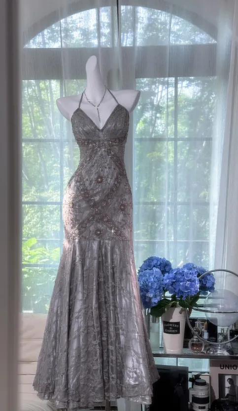 Vintage V-neck Mermaid Lace Beaded Long Prom Dresses, Silver Grey Evening Dresses HZ1121