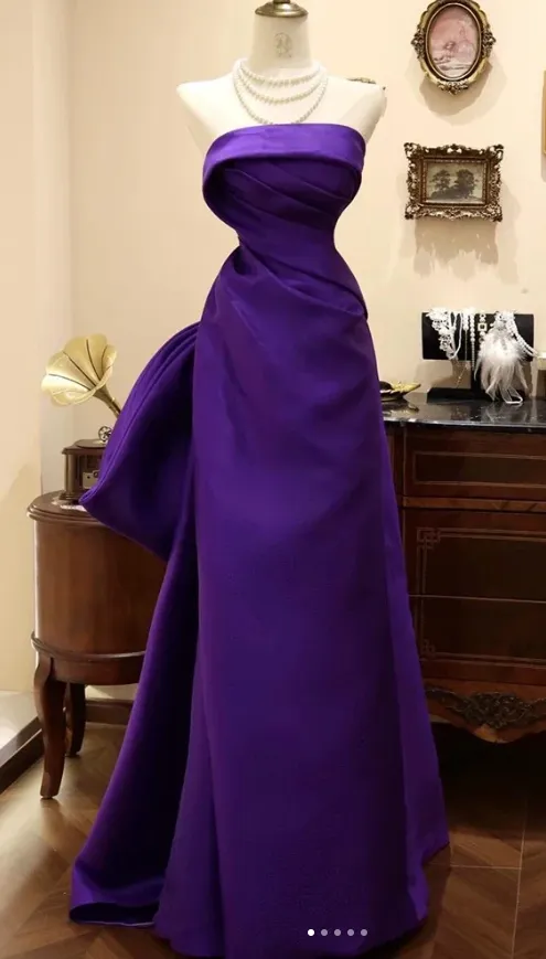 Elegant Strapless Sheath Satin Long Prom Dresses, Purple Formal Evening Dresses HZ1121