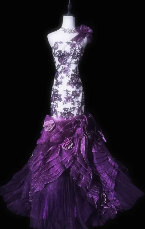 Elegant One-Shoulder Mermaid Tulle Long Prom Dresses, Purple Formal Evening Dresses HZ1121