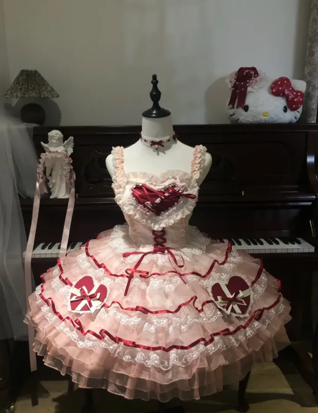 Sweet Spaghetti Strap Ball Gown Lace Tulle Birthday Dresses Red Lolita Dresses HZ1121