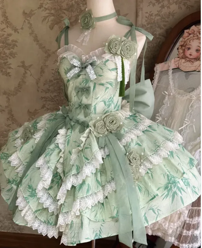 Sweet Spaghetti Strap Ball Gown Floral Chiffon Birthday Dresses Green Lolita Dresses HZ1121