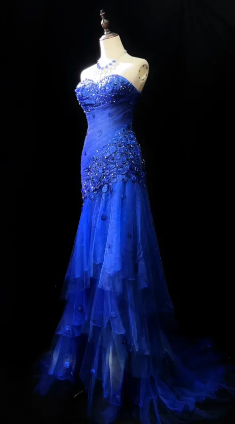 Modest Sweetheart Sheath Tulle Beaded Long Prom Dresses, Royal Blue Formal Evening Dresses HZ1121