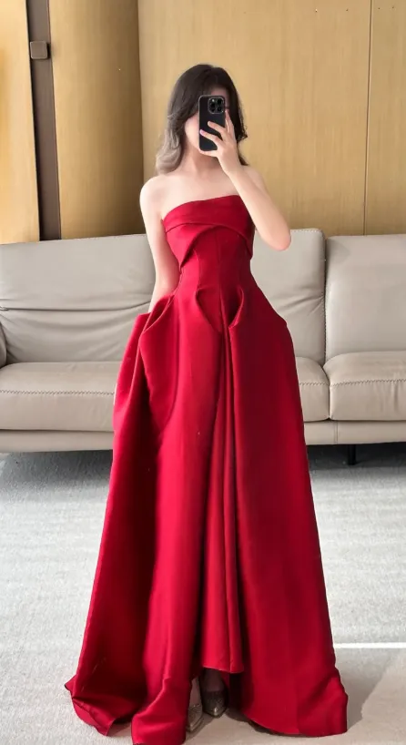 Modest Strapless A-line Satin Long Prom Dresses, Burgundy Formal Evening Dresses HZ1121