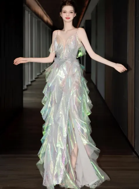 Modest Spaghetti Strap A-line Tulle Long Prom Dresses, Sleeveless Formal Evening Dresses HZ1121