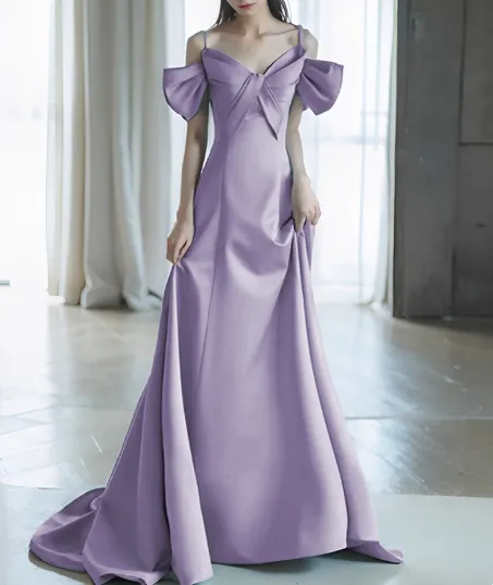 Elegant Off-the-shoulder A-Line Satin Long Prom Dresses, Lavender Formal Evening Gowns HZ1121