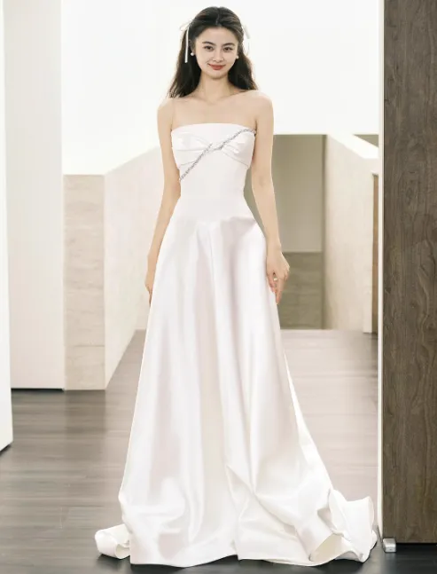 Modest Sheath Satin Wedding Dresses, Sleeveless Bridal Gowns White Wedding Gowns HZ1121