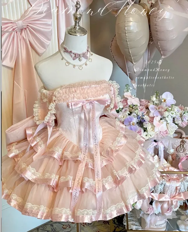 Cute Off-the-shoulder Ball Gown Lace Tulle Short Birthday Dresses Pink Lolita Dresses HZ1121
