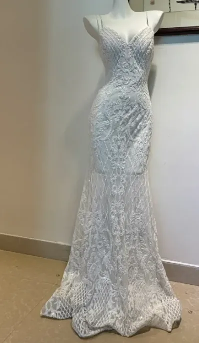 Elegant Spaghetti Strap Mermaid Beaded Chiffon Long Prom Dresses, White Beaded Formal Evening Dresses HZ1121