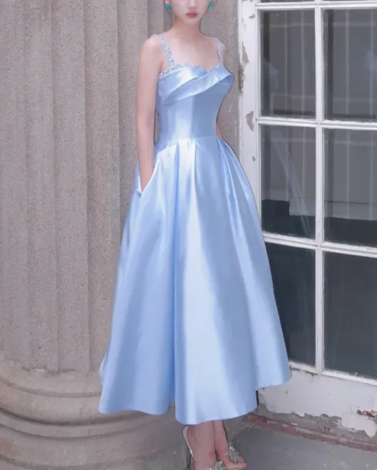 Elegant Spaghetti straps Sheath Satin Long Prom Dresses, Sky Blue Formal Evening Dresses HZ1121