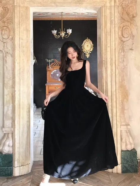 Elegant Square Neck A-line Velvet Long Prom Dresses, Black Evening Dresses HZ1121