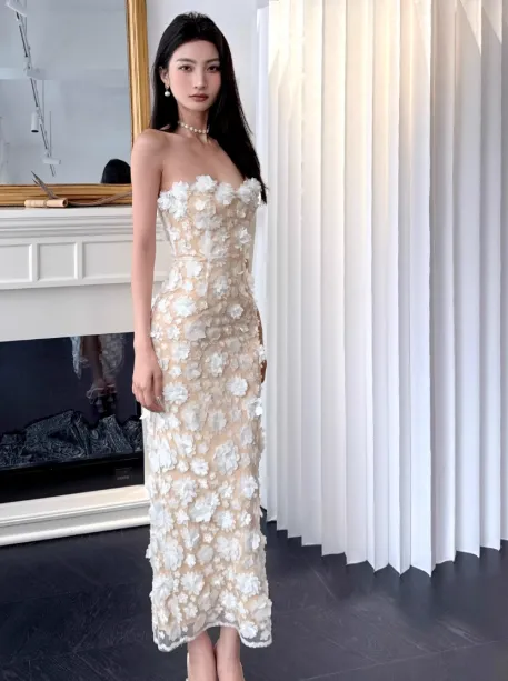 Elegant Strapless Sheath Applique Long Prom Dresses, Tulle Evening Dresses HZ1121