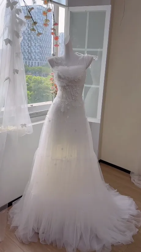 Modest Spaghetti Strap Sheath Tulle Wedding Dress, White Bridal Gowns HZ1121