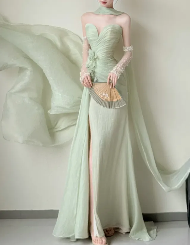 Elegant Sweetheart Sheath Chiffon Long Prom Dresses, Green Formal Evening Dresses HZ1121