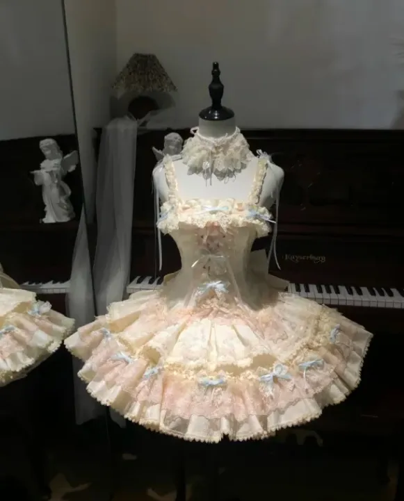 Cute Square Neck Ball Gown Lace Short Birthday Dresses Light Yellow Lolita Dresses HZ1121