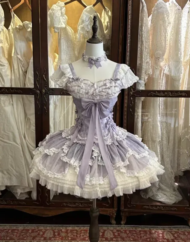 Cute Short-Sleeved Ball Gown Chiffon Short Birthday Dresses Purple Lolita Dresses HZ1121