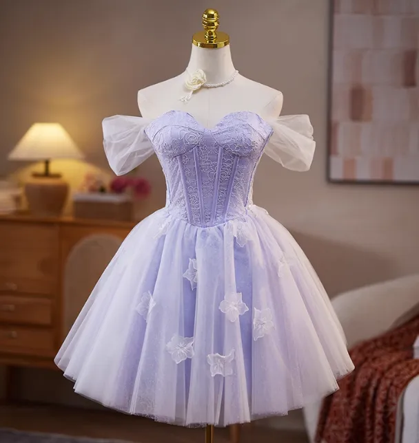 Sweet Off-the-shoulder A-Line Tulle Short Prom Dresses, Purple Homecoming Dresses HZ1121