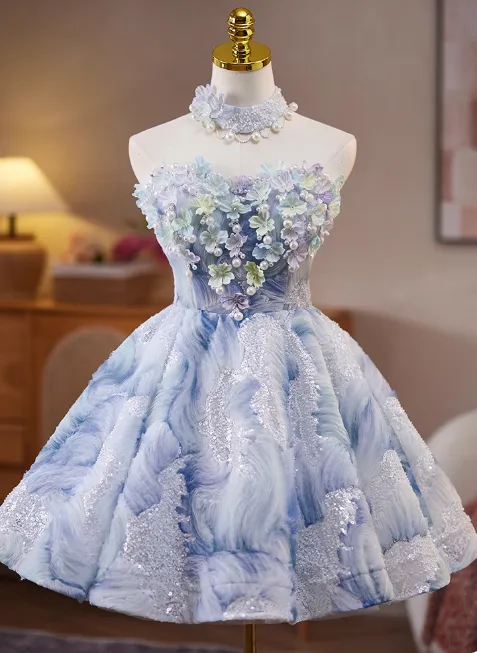 Sweet Strapless A-Line Short Prom Dresses, Blue Homecoming Dresses HZ1121
