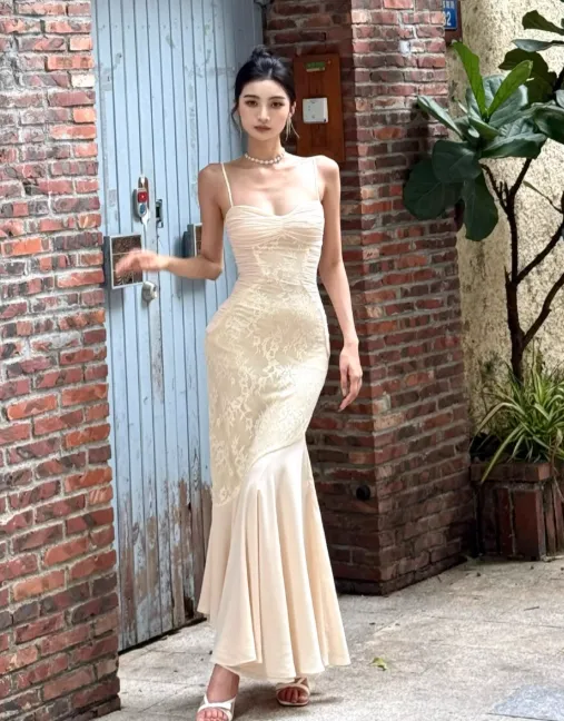 Elegant Spaghetti Straps Mermaid Lace Long Evening Dresses, Light Champagne Formal Dresses HZ1121