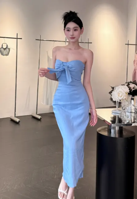Elegant Strapless Sheath Satin Long Prom Dresses,Blue Formal Evening Dresses HZ1121