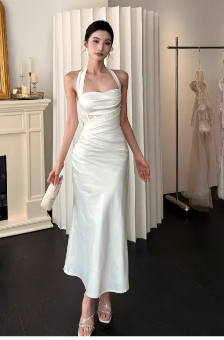 Chic Halter Sheath Satin Evening Dresses,White Formal Dresses HZ1121