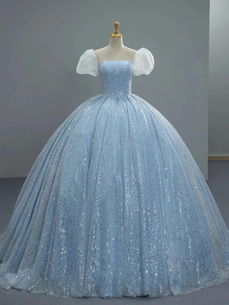 Cute A-Line Puff Sleeves Tulle Sequin Long Prom Dress, Blue Quinceanera Dresses Sweet 16 Dress HZ1121