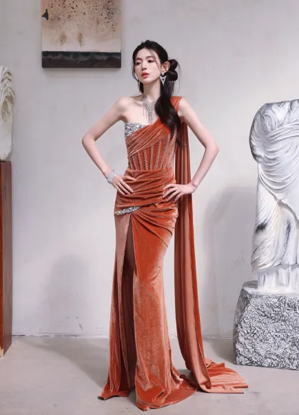 Gorgeous One-shoulder Sheath Velvet Long Prom Dresses, Orange Formal Evening Gowns with Slit HZ1121