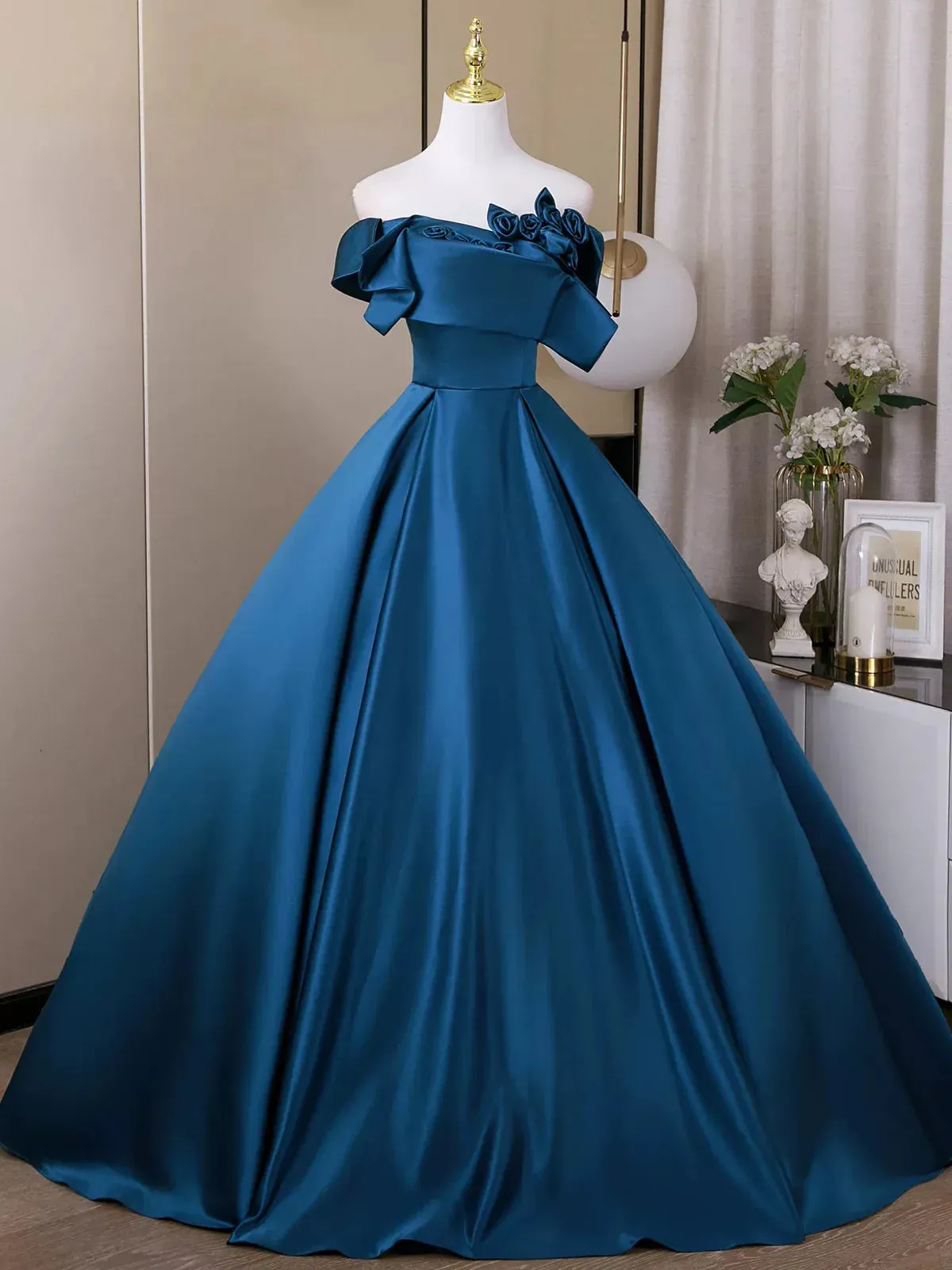 Elegant Off Shoulder A-Line Satin Long Prom Dress, Blue Formal Dresses HZ1121