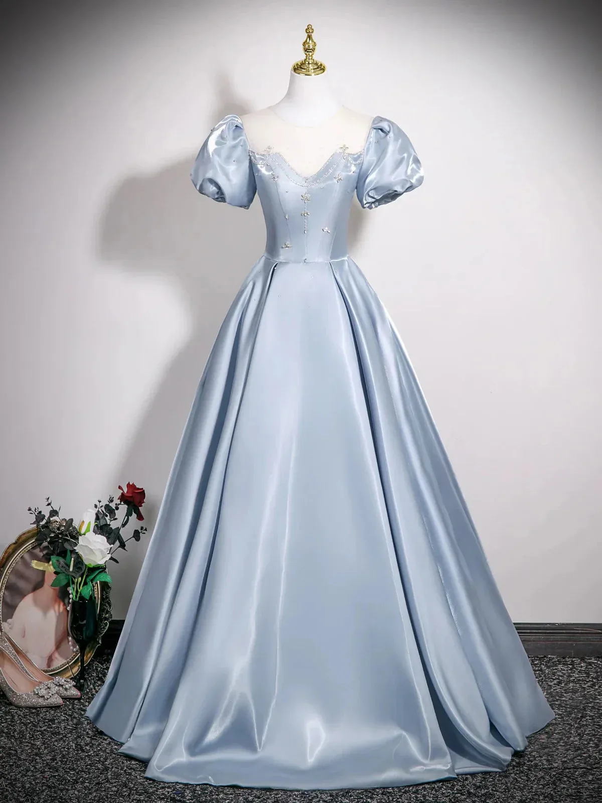 Cute Jewel A-Line Puff Sleeves Satin Blue Long Prom Dress, Blue Formal Dress HZ1121