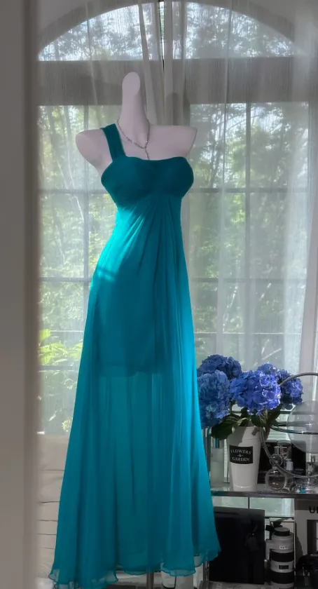 Vintage One-Shoulder Sheath Chiffon Long Prom Dresses, Turquoise Formal Evening Dresses HZ1121