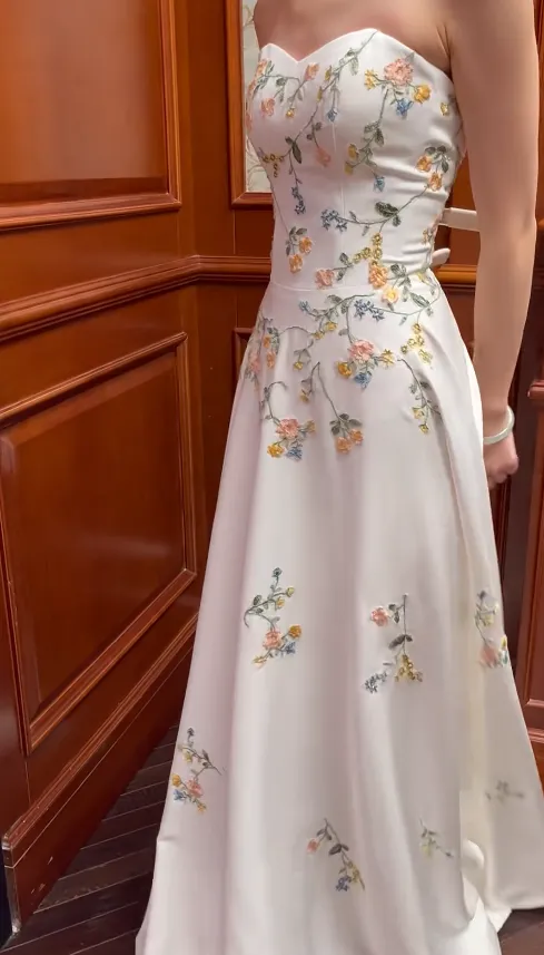 Elegant Sweetheart Sheath Satin Long Prom Dresses, White Floral Formal Dresses HZ1121