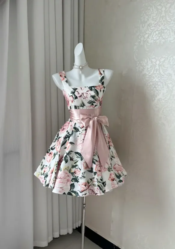 Vintage Square Neck A-Line Birthday Dresses Floral Homecoming Dresses HZ1121