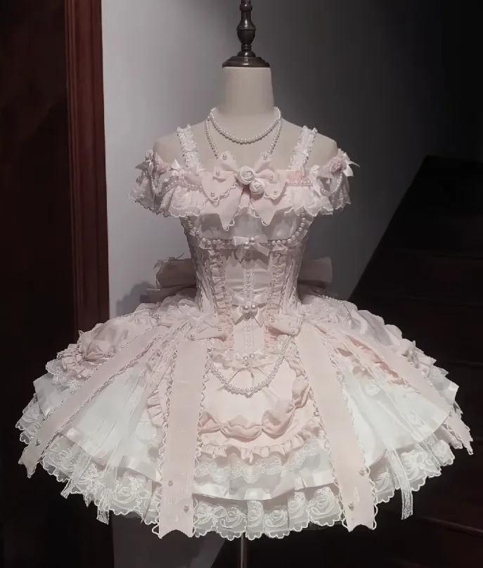 Sweet Straps Ball Gown Lace Birthday Dresses Pink Lolita Dresses HZ1121