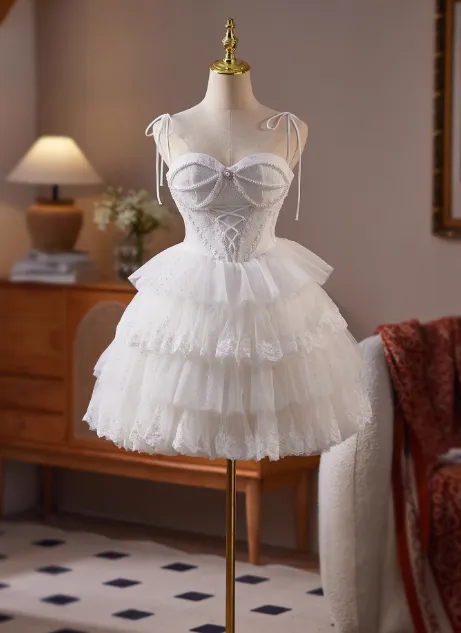 Simple Spaghetti Strap Tulle Lace Wedding Dresses White Short Bridal Gowns HZ1121