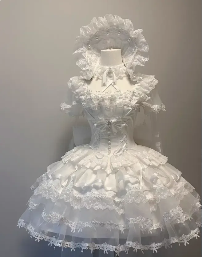 Fairy Square Neck Ball Gown Beaded Lace Cute Birthday Dresses White Lolita Dresses HZ1121