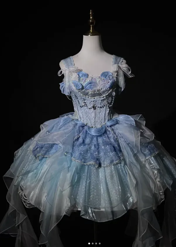 Sweet Strap Ball Gown Tulle Cute Birthday Dresses Blue Lolita Dresses HZ1121
