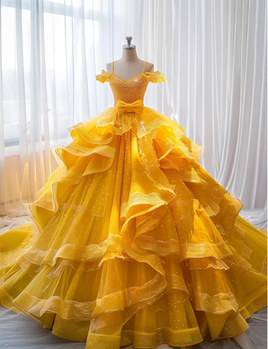 Gorgeous Off-the-shoulder Ball Gown Tiered Tulle Long Prom Dresses Yellow Quinceanera Dresses Sweet 16 Dresses HZ1121