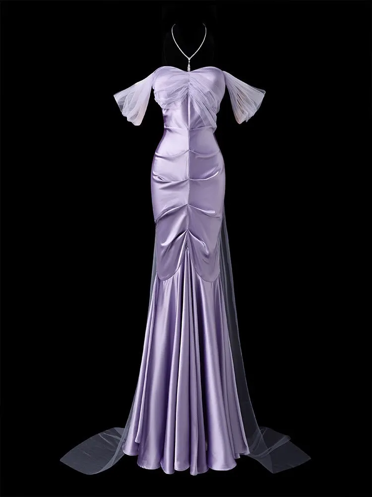 Glam Mermaid Long Prom Dresses, Satin Lavender Formal Dresses Off-the-shoulder Evening Dresses HZ1121