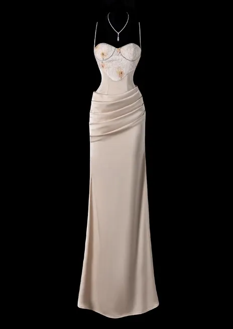 Chic Spaghetti Strap Sheath Wedding Guest Dress, Satin Champagne Formal Dresses HZ1121